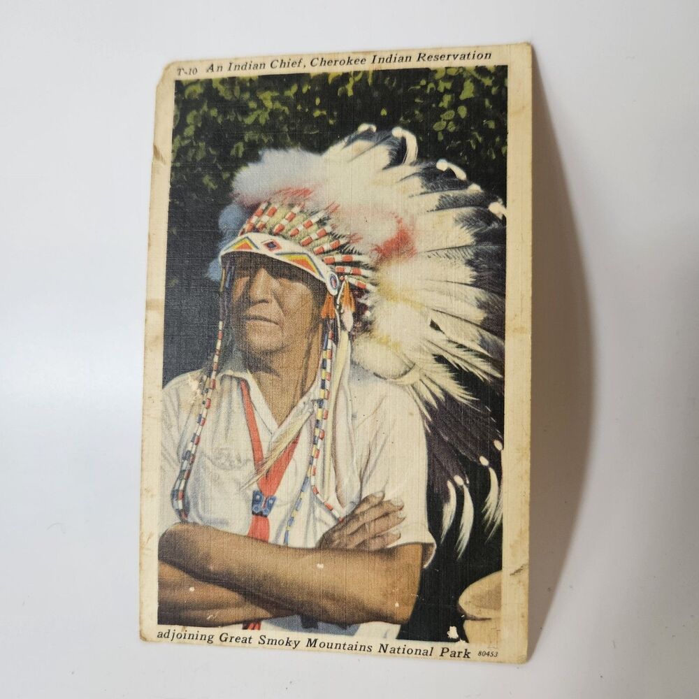 Indian Chief 1960s Cherokee Indian Reservation Smoky Mountains Vintage Postcard